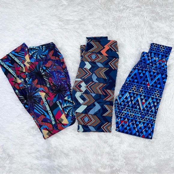 LULAROE Blue Multi Color Bold Pattern Leggings One Size - Bundle Lot of 3 - Picture 1 of 13